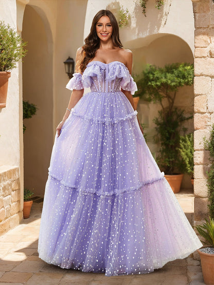 A-Line/Princess Off-the-Shoulder Sheer Corset Ruffled Tulle Formal Dresses with Polka Dots