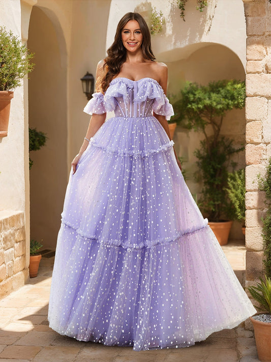 A-Line/Princess Off-the-Shoulder Sheer Corset Ruffled Tulle Formal Dresses with Polka Dots
