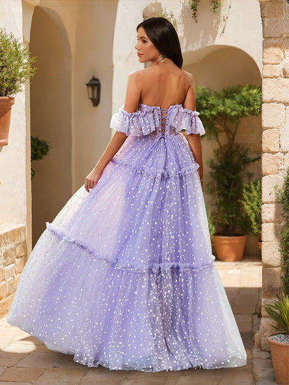 A-Line/Princess Off-the-Shoulder Sheer Corset Ruffled Tulle Formal Dresses with Polka Dots