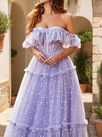 A-Line/Princess Off-the-Shoulder Sheer Corset Ruffled Tulle Formal Dresses with Polka Dots