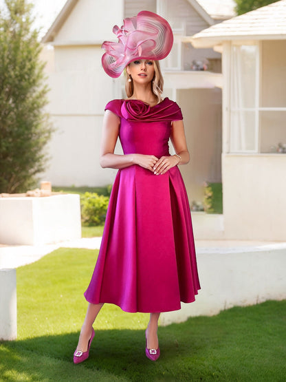 A-Line/Princess Scoop Neck Cap Sleeves Midi Dress Mother of the Bride Dresses with Floral
