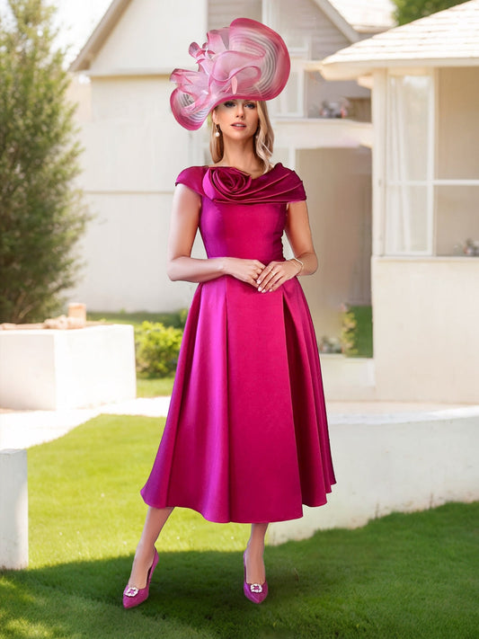 A-Line/Princess Scoop Neck Cap Sleeves Midi Dress Mother of the Bride Dresses with Floral