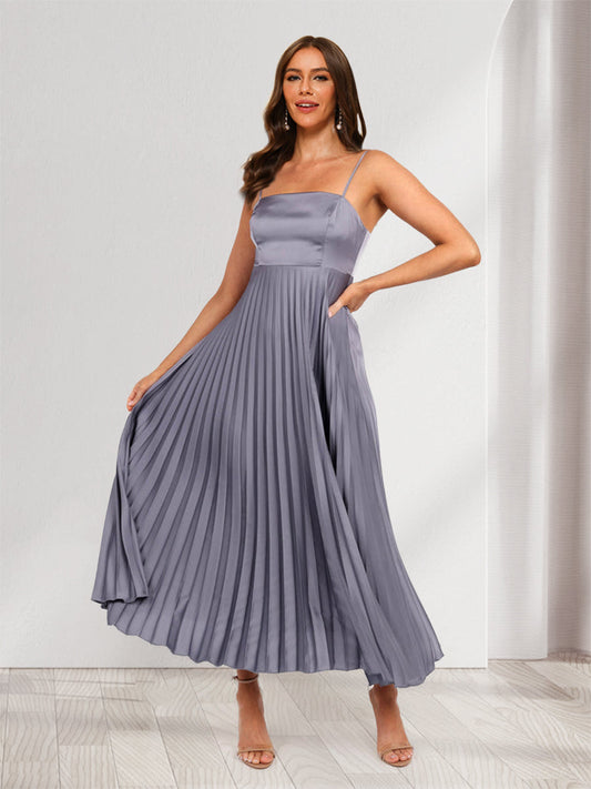 A-Line/Princess Spaghetti Straps Tea-Length Pleated Wedding Guest Dresses