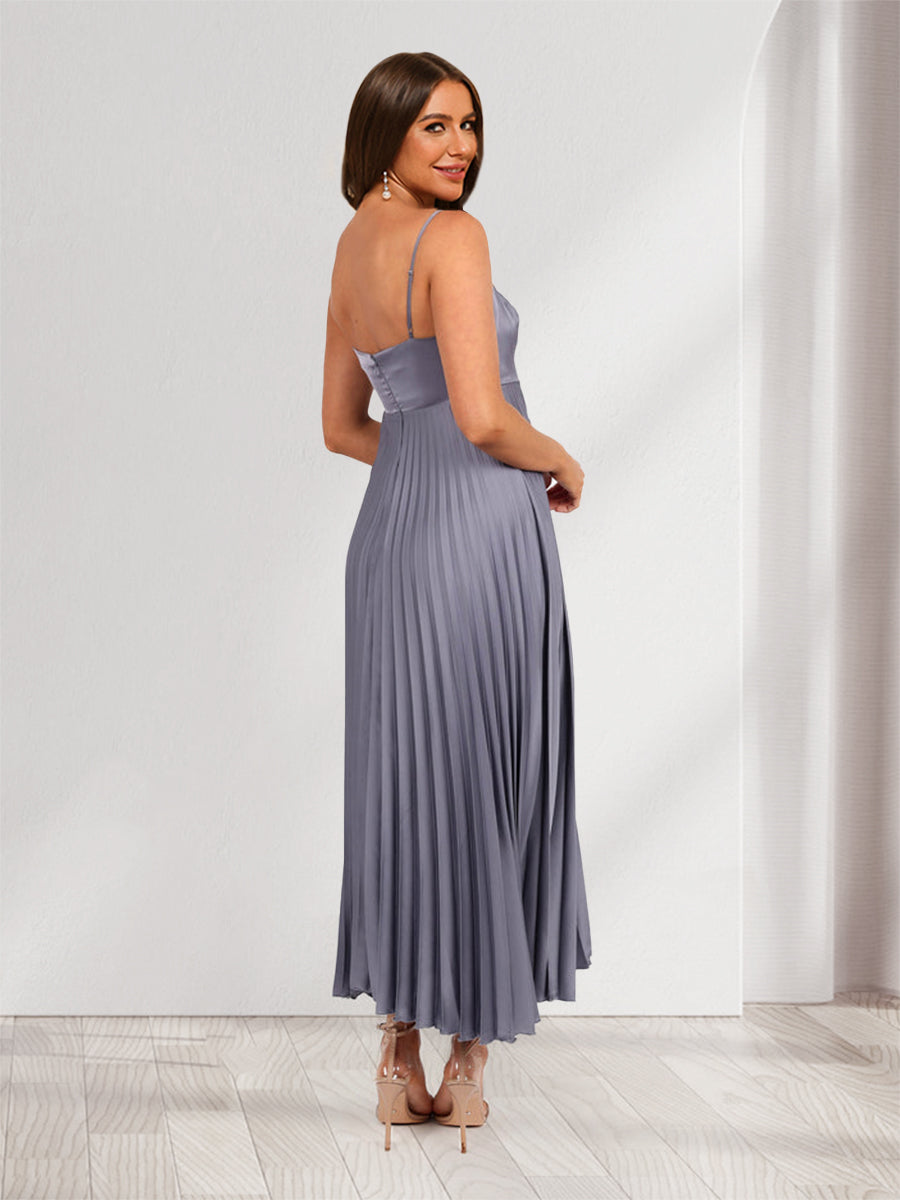 A-Line/Princess Spaghetti Straps Tea-Length Pleated Wedding Guest Dresses