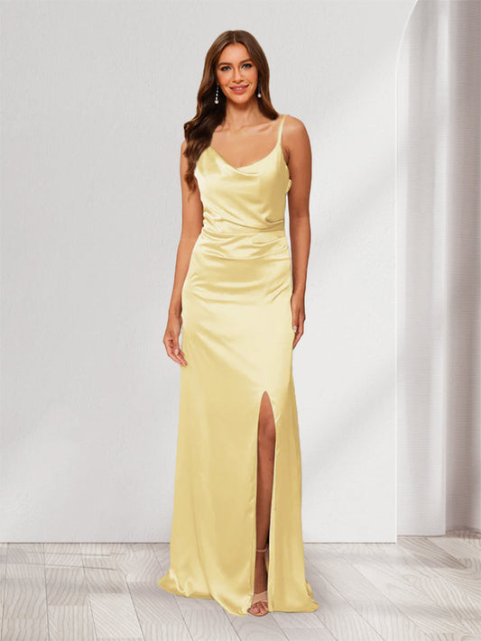 Sheath/Column Asymmetrical Neck Long Ruched Bridesmaid Dresses with Split Side