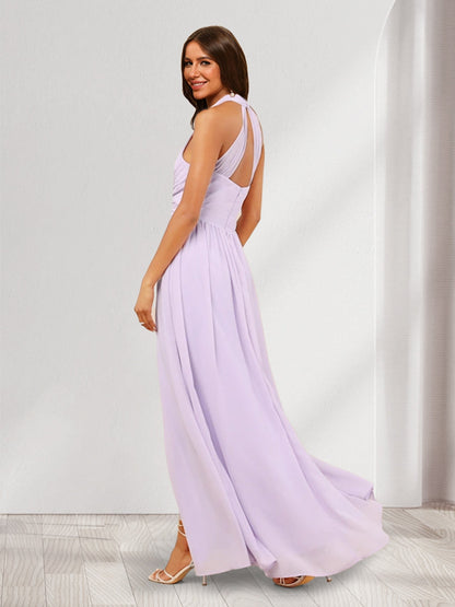 A-Line/Princess V-Neck Ruched Long Bridesmaid Dresses with Side Slit