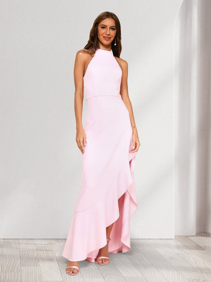 Sheath/Column Halter Sleeveless Sexy Asymmetrical Bridesmaid Dresses with Ruffles