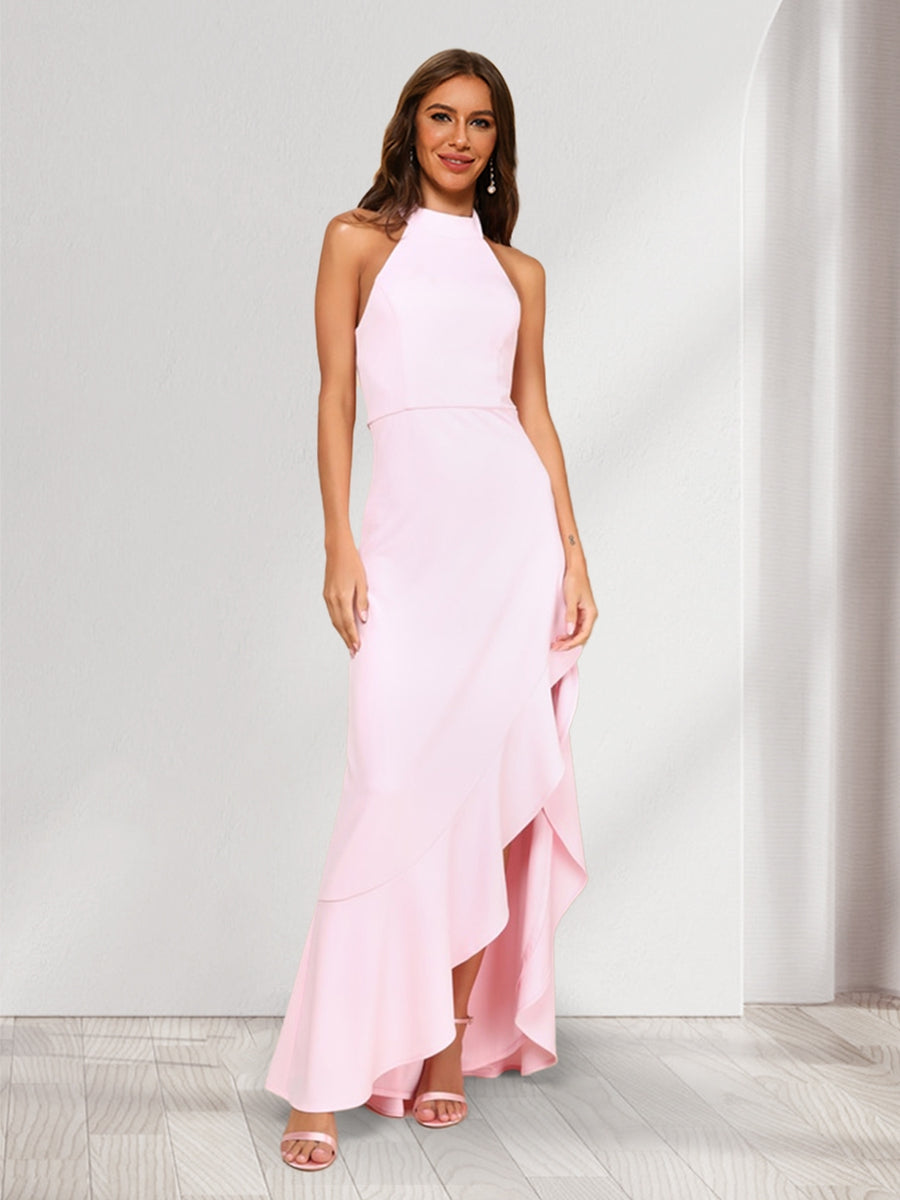 Sheath/Column Halter Sleeveless Sexy Asymmetrical Bridesmaid Dresses with Ruffles