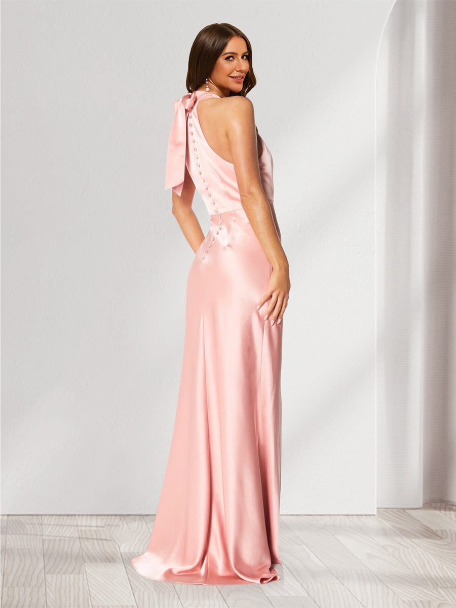 Sheath/Column Halter Sleeveless Ruched Bridesmaid Dresses with Bow(s) & Buttons