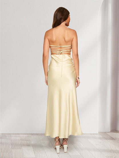 Sheath/Column Strapless Sleeveless Bridesmaid Dresses with Split Side & Ruffles