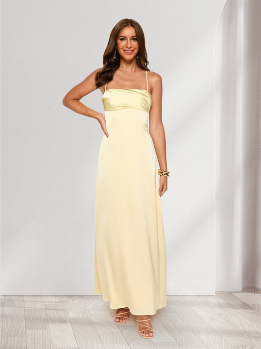 A-Line/Princess Spaghetti Straps Long Bridesmaid Dresses with Ruches & Lace-Up
