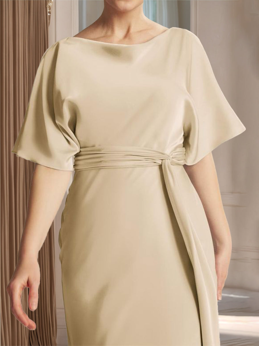 Sheath/Column Boat Neck Short Sleeves Wedding Guest Dresses with Sash