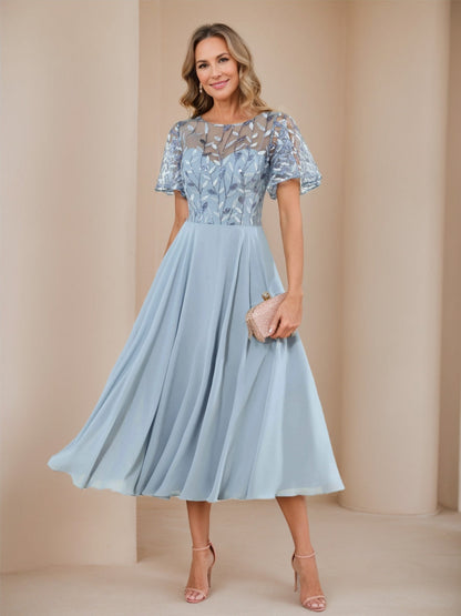 A-Line/Princess Illusion Crew Neck Sequin Appliques Wedding Guest Dresses