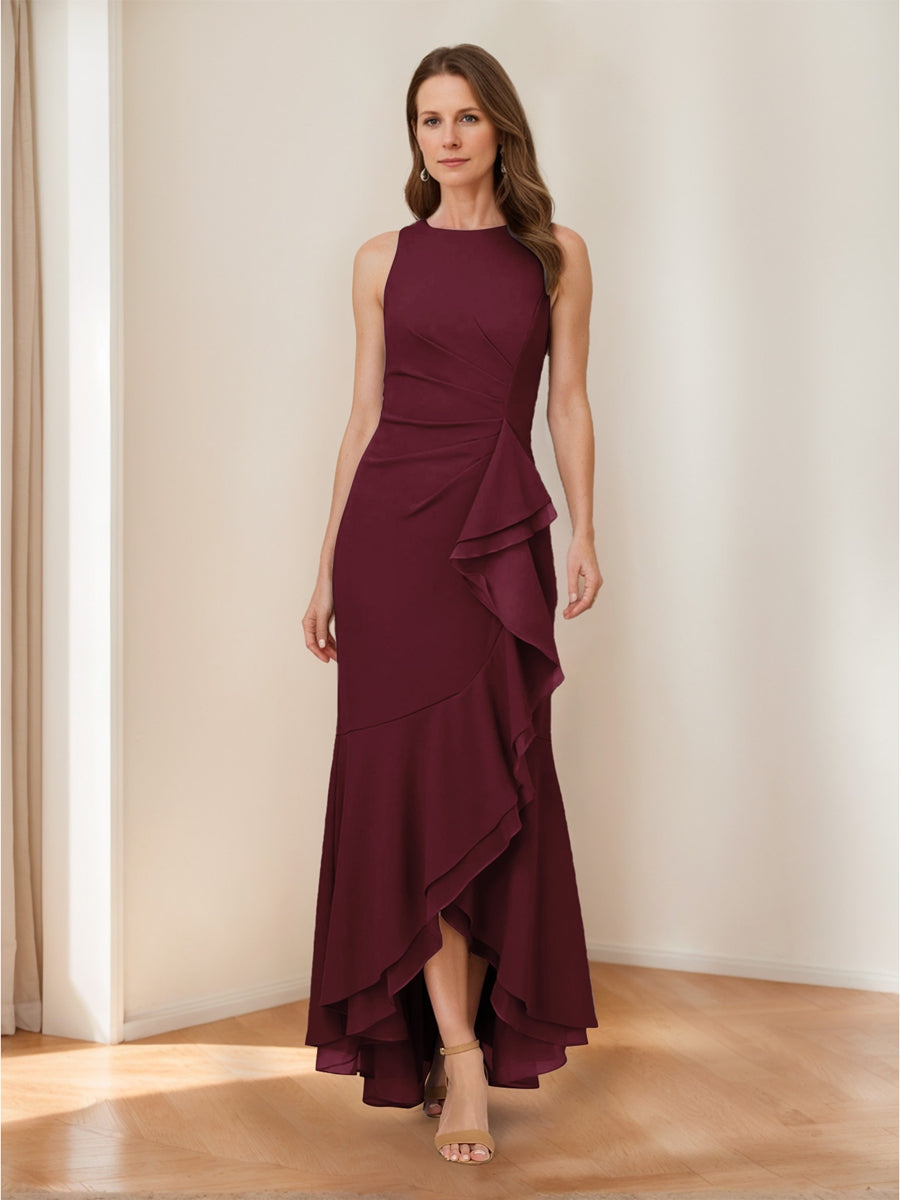 Trumpet/Mermaid Crew Neck High Low Ruched Mother of the Bride Dresses with Ruffles