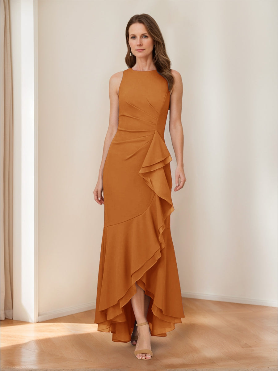 Trumpet/Mermaid Crew Neck High Low Ruched Mother of the Bride Dresses with Ruffles