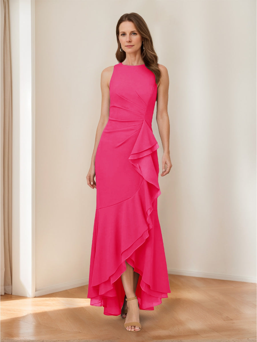 Trumpet/Mermaid Crew Neck High Low Ruched Mother of the Bride Dresses with Ruffles