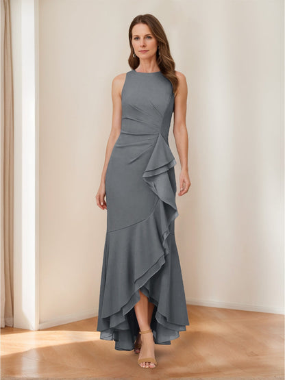 Trumpet/Mermaid Crew Neck High Low Ruched Mother of the Bride Dresses with Ruffles