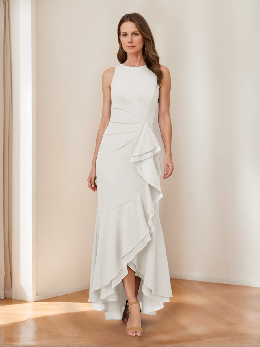 Trumpet/Mermaid Crew Neck High Low Ruched Mother of the Bride Dresses with Ruffles