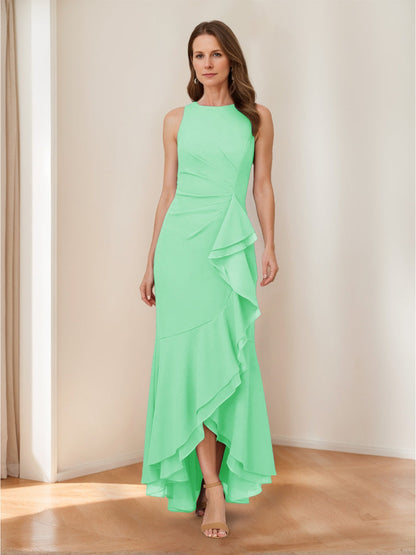 Trumpet/Mermaid Crew Neck High Low Ruched Mother of the Bride Dresses with Ruffles