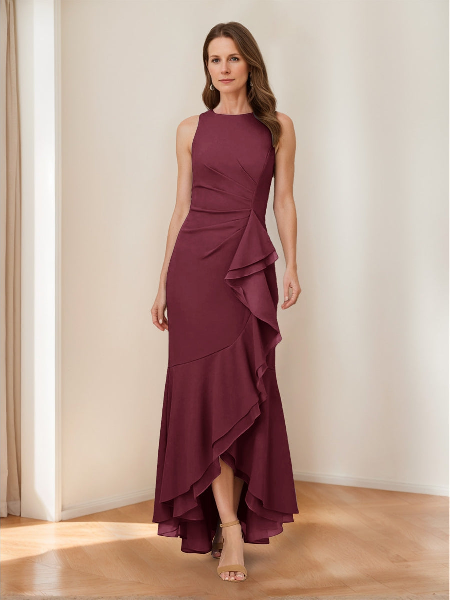 Trumpet/Mermaid Crew Neck High Low Ruched Mother of the Bride Dresses with Ruffles