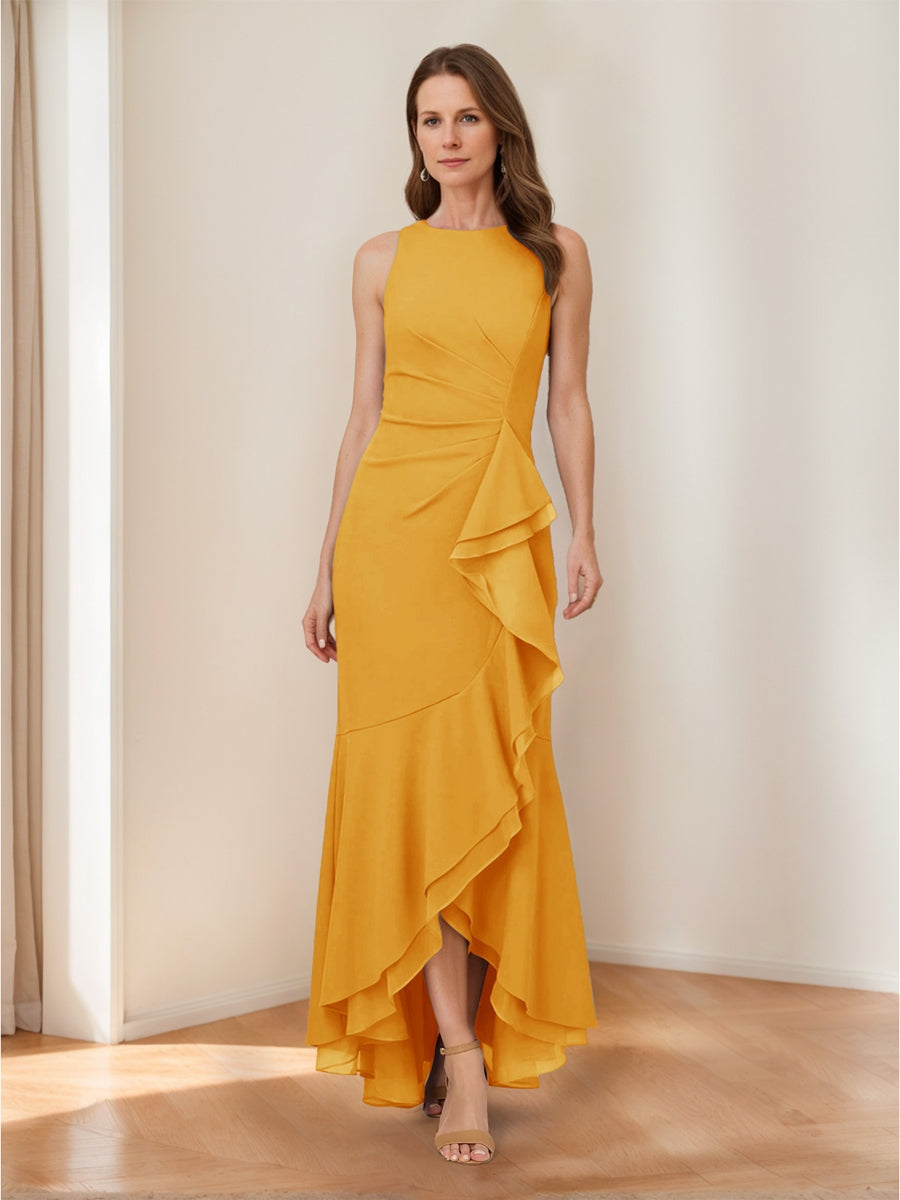 Trumpet/Mermaid Crew Neck High Low Ruched Mother of the Bride Dresses with Ruffles