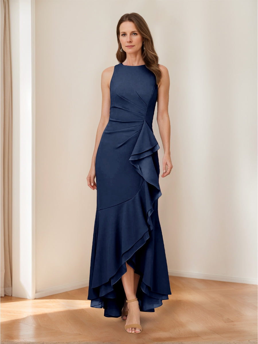 Trumpet/Mermaid Crew Neck High Low Ruched Mother of the Bride Dresses with Ruffles