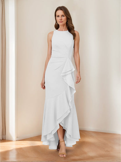 Trumpet/Mermaid Crew Neck High Low Ruched Mother of the Bride Dresses with Ruffles