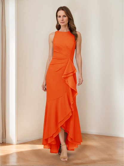 Trumpet/Mermaid Crew Neck High Low Ruched Mother of the Bride Dresses with Ruffles