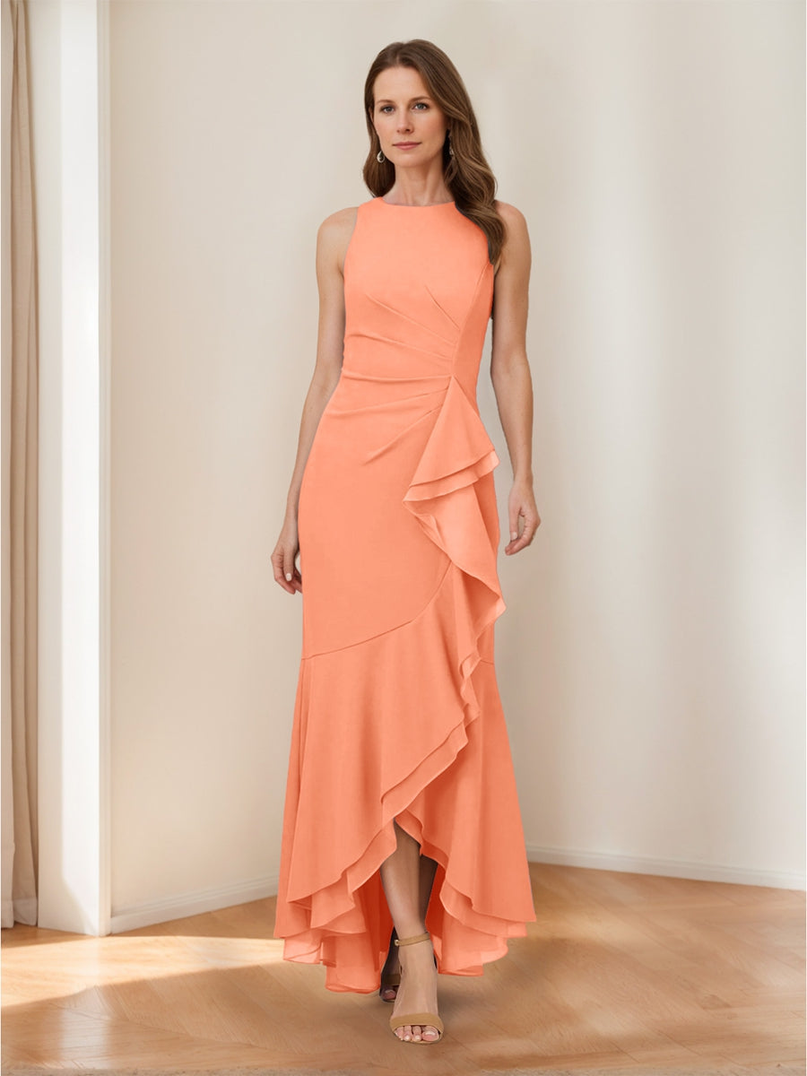 Trumpet/Mermaid Crew Neck High Low Ruched Mother of the Bride Dresses with Ruffles