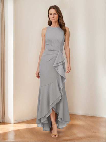 Trumpet/Mermaid Crew Neck High Low Ruched Mother of the Bride Dresses with Ruffles