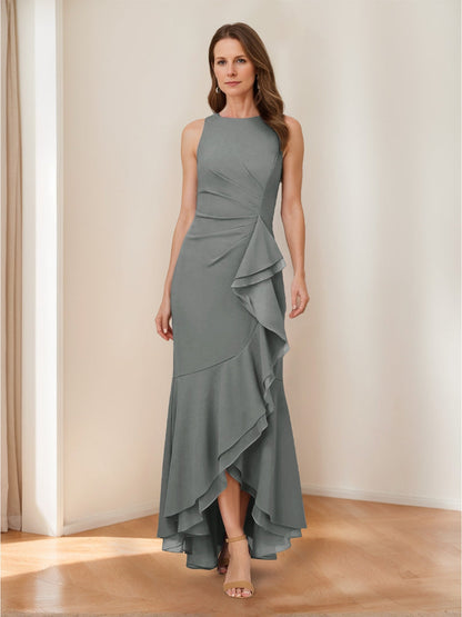 Trumpet/Mermaid Crew Neck High Low Ruched Mother of the Bride Dresses with Ruffles