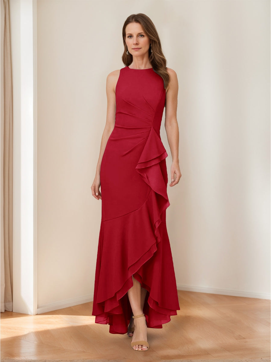 Trumpet/Mermaid Crew Neck High Low Ruched Mother of the Bride Dresses with Ruffles