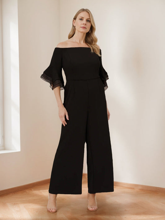 Chiffon Off-the-Shoulder 3/4 Sleeves Mother of the Bride Pantsuits with Ruffles