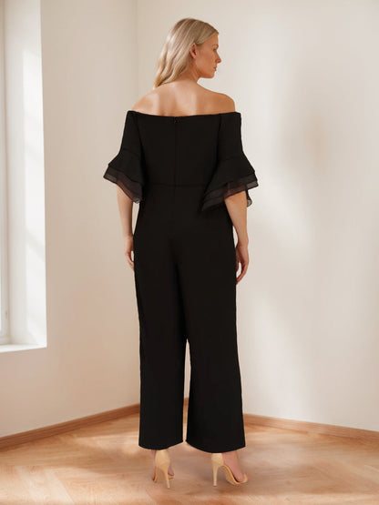 Chiffon Off-the-Shoulder 3/4 Sleeves Mother of the Bride Pantsuits with Ruffles