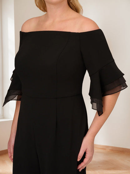 Chiffon Off-the-Shoulder 3/4 Sleeves Mother of the Bride Pantsuits with Ruffles