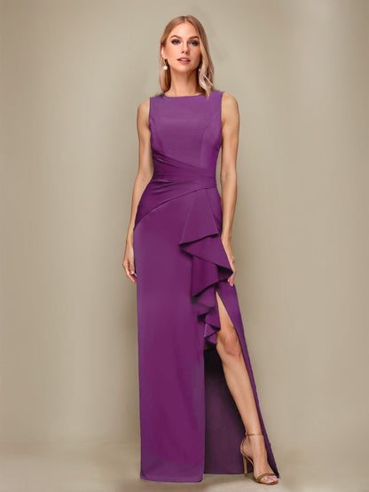Sheath/Column Scoop Neck Ruffled Long Wedding Guest Dresses with Split Side
