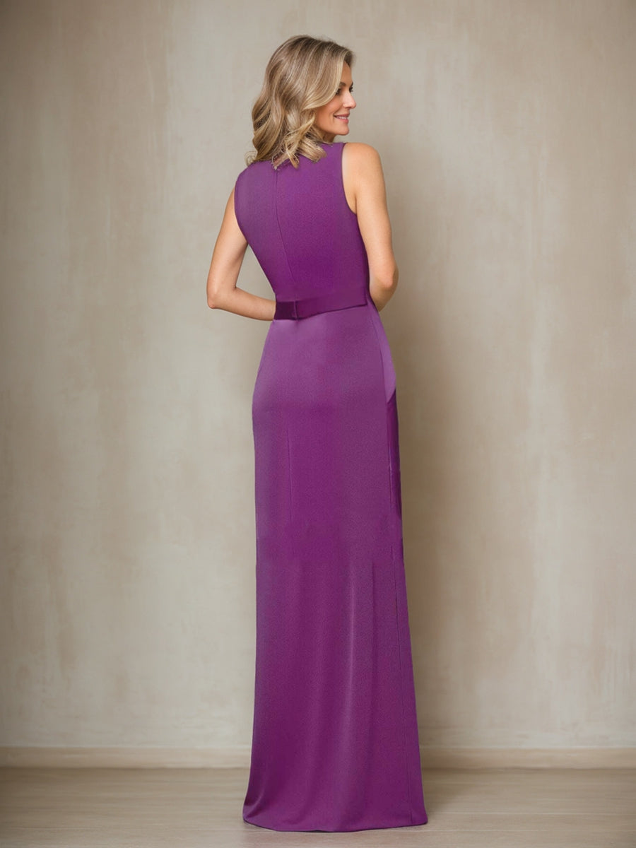Sheath/Column Scoop Neck Ruffled Long Wedding Guest Dresses with Split Side