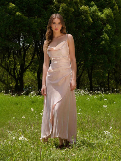 A-Line/Princess Chic Spaghetti Straps Floor-Length Ruched Maxi Wedding Guest Dresses