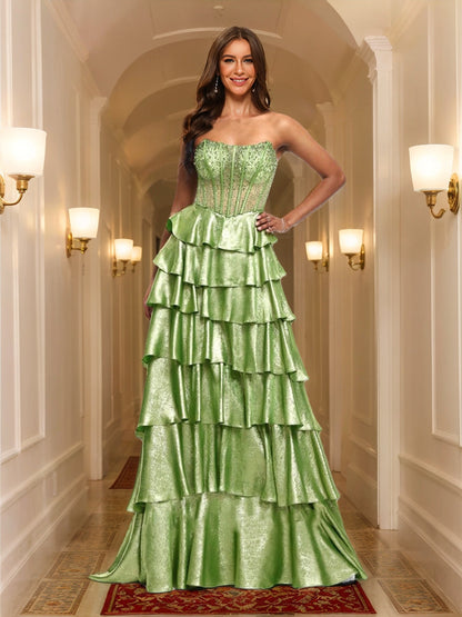 A-Line/Princess Scoop Metallic Layered Formal Dresses With Rhinestone Beading