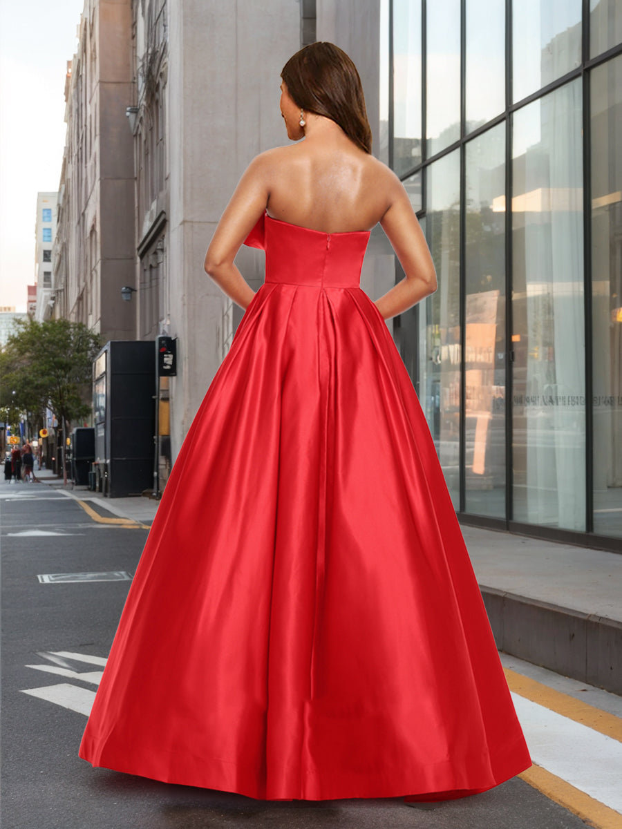 A-Line/Princess Strapless Asymmetrical Slit Long Formal Dresses with Bow