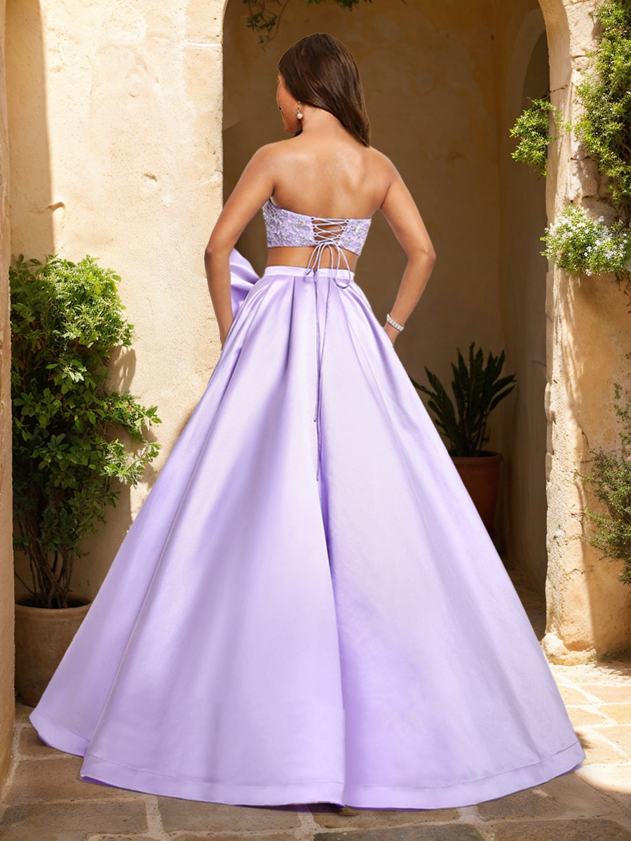 A-Line/Princess Sweetheart Beaded Two Piece Formal Dresses with Bow & Slit