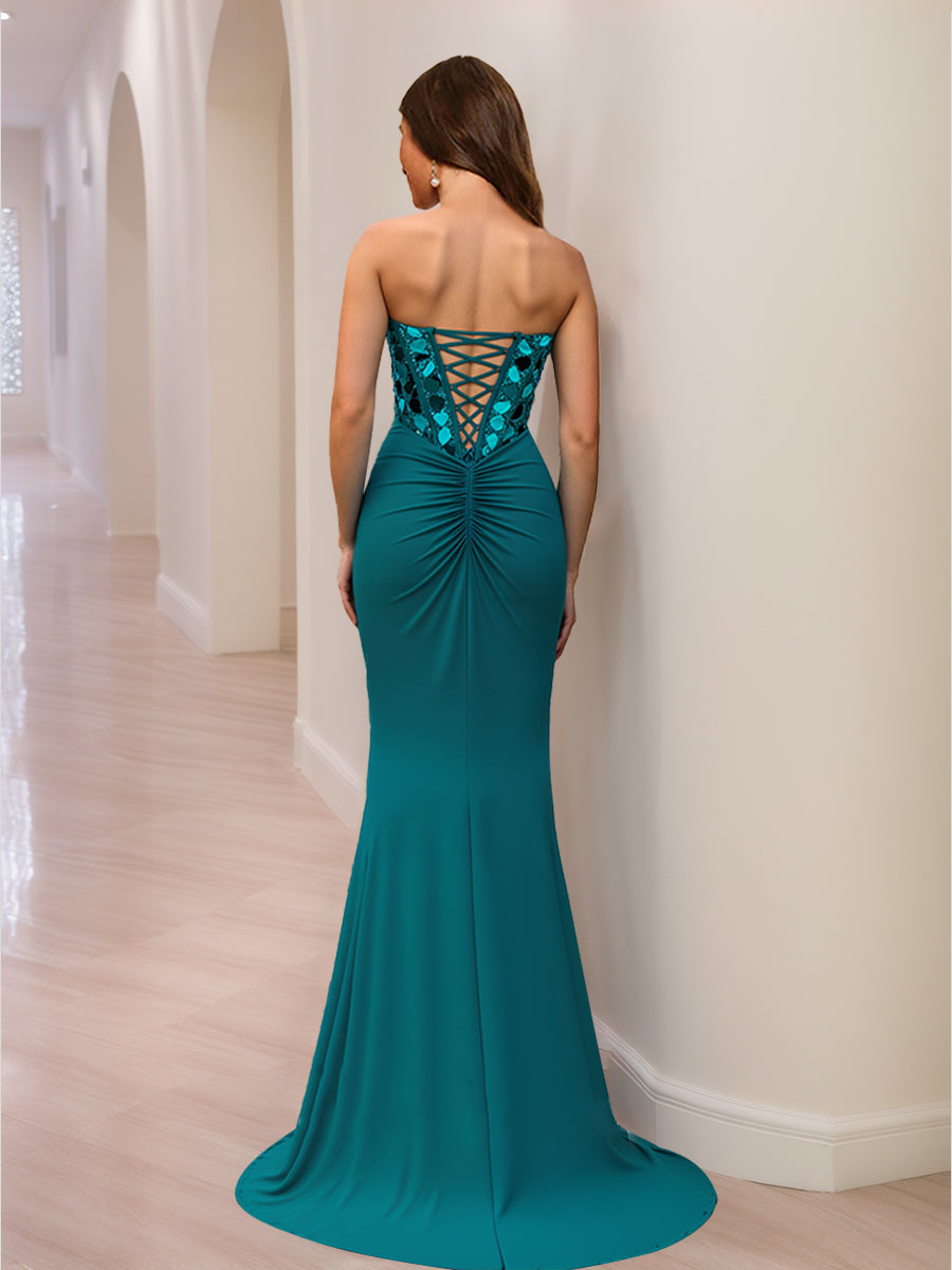 Trumpet/Mermaid Sweetheart Beading Sequins Long Formal Dresses with Split Side