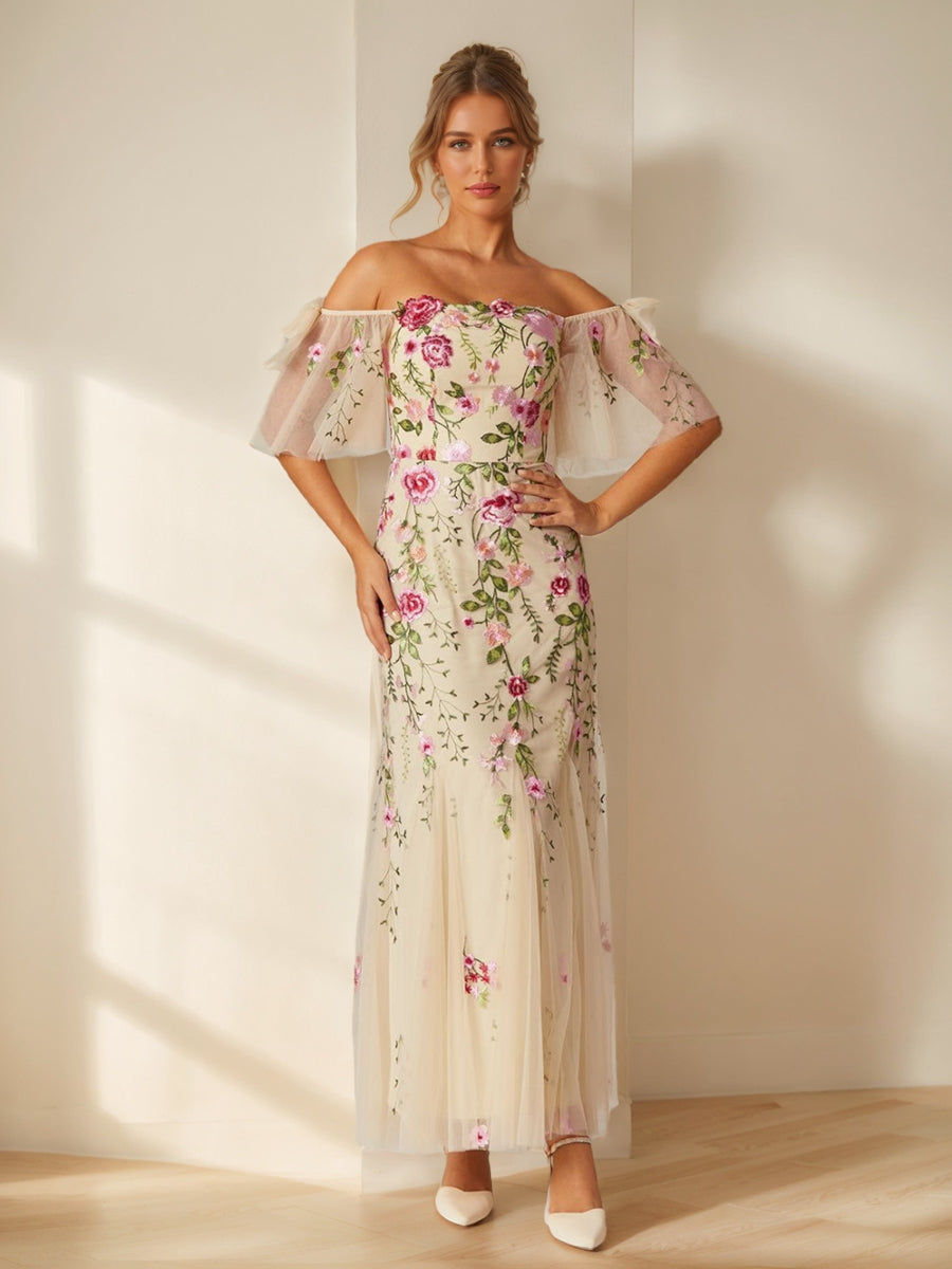 Trumpet/Mermaid Off-the-Shoulder Short Sleeves Long Formal Dresses with Embroidery & Bow