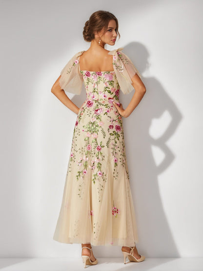 Trumpet/Mermaid Off-the-Shoulder Short Sleeves Long Formal Dresses with Embroidery & Bow