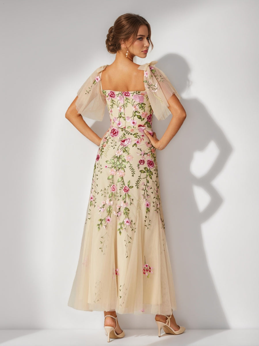 Trumpet/Mermaid Off-the-Shoulder Short Sleeves Long Formal Dresses with Embroidery & Bow