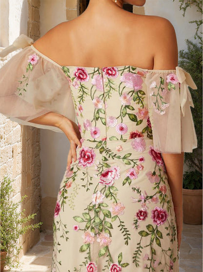 Trumpet/Mermaid Off-the-Shoulder Short Sleeves Long Formal Dresses with Embroidery & Bow