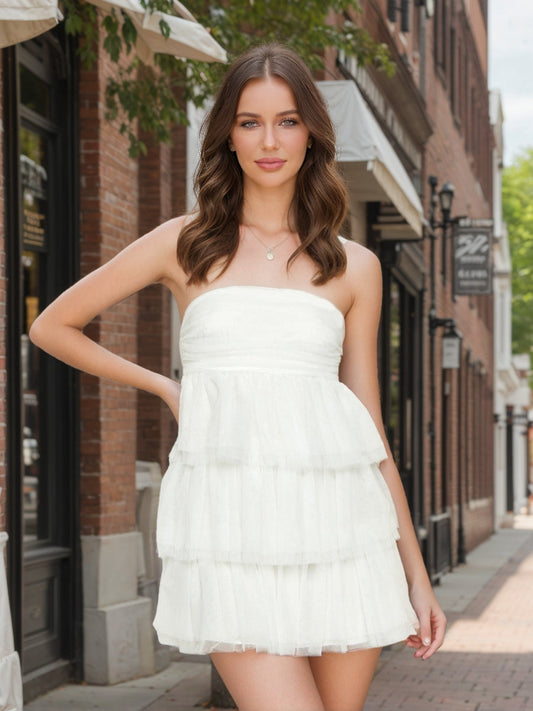 A-Line/Princess Strapless Layered Ruffle Tulle Mini Dresses Short Semi Formal Dresses