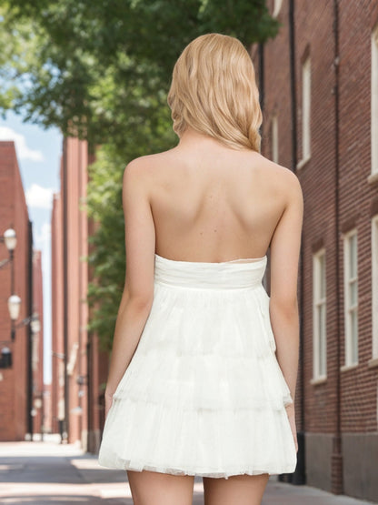 A-Line/Princess Strapless Layered Ruffle Tulle Mini Dresses Short Semi Formal Dresses