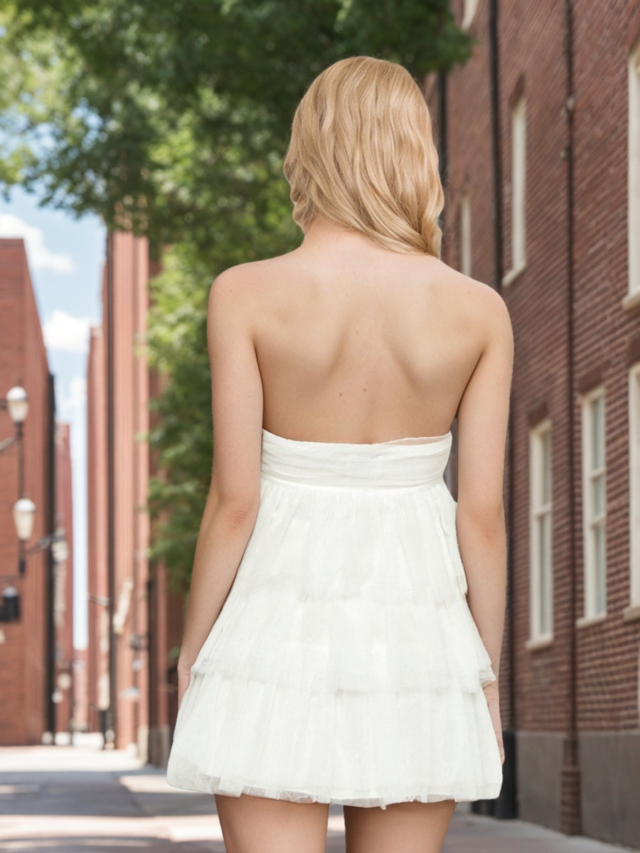 A-Line/Princess Strapless Layered Ruffle Tulle Mini Dresses Short Semi Formal Dresses