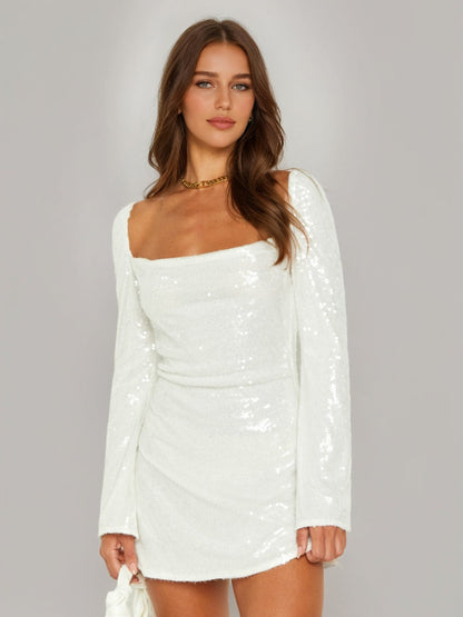 Sheath/Column Cowl Neck Long Sleeves Short Sequined Semi Formal Dresses